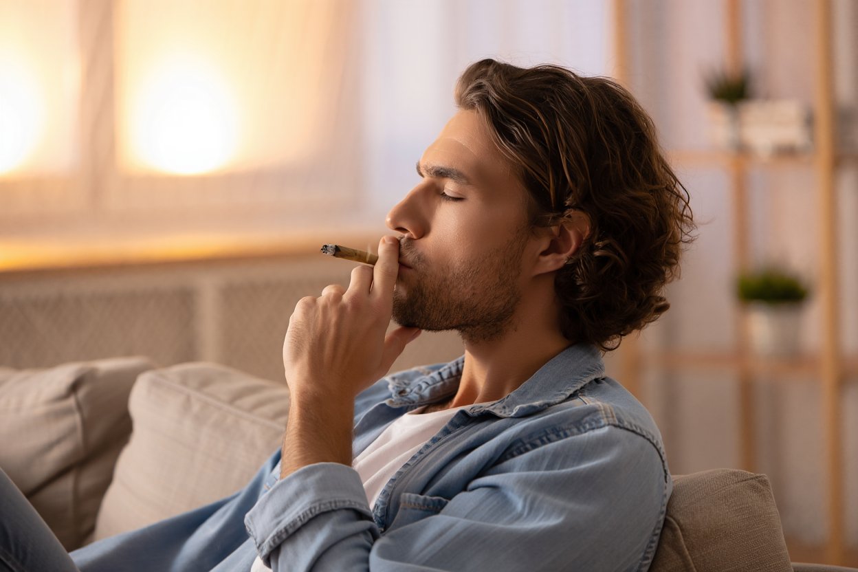 Мужчина курит гашиш